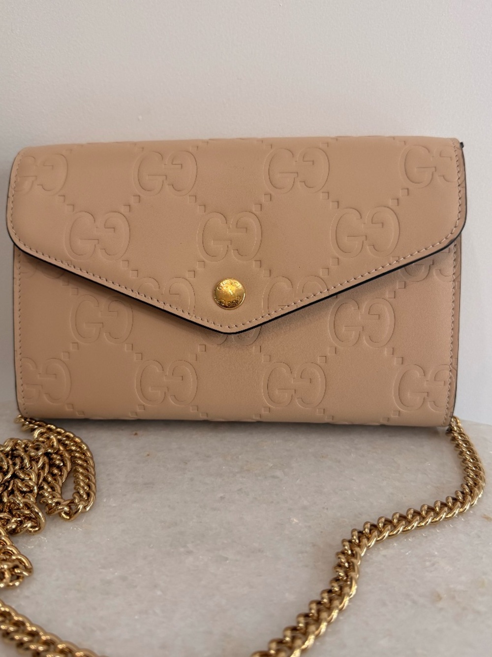 Gucci GG Embossed Leather Wallet on Chain Nude Beige